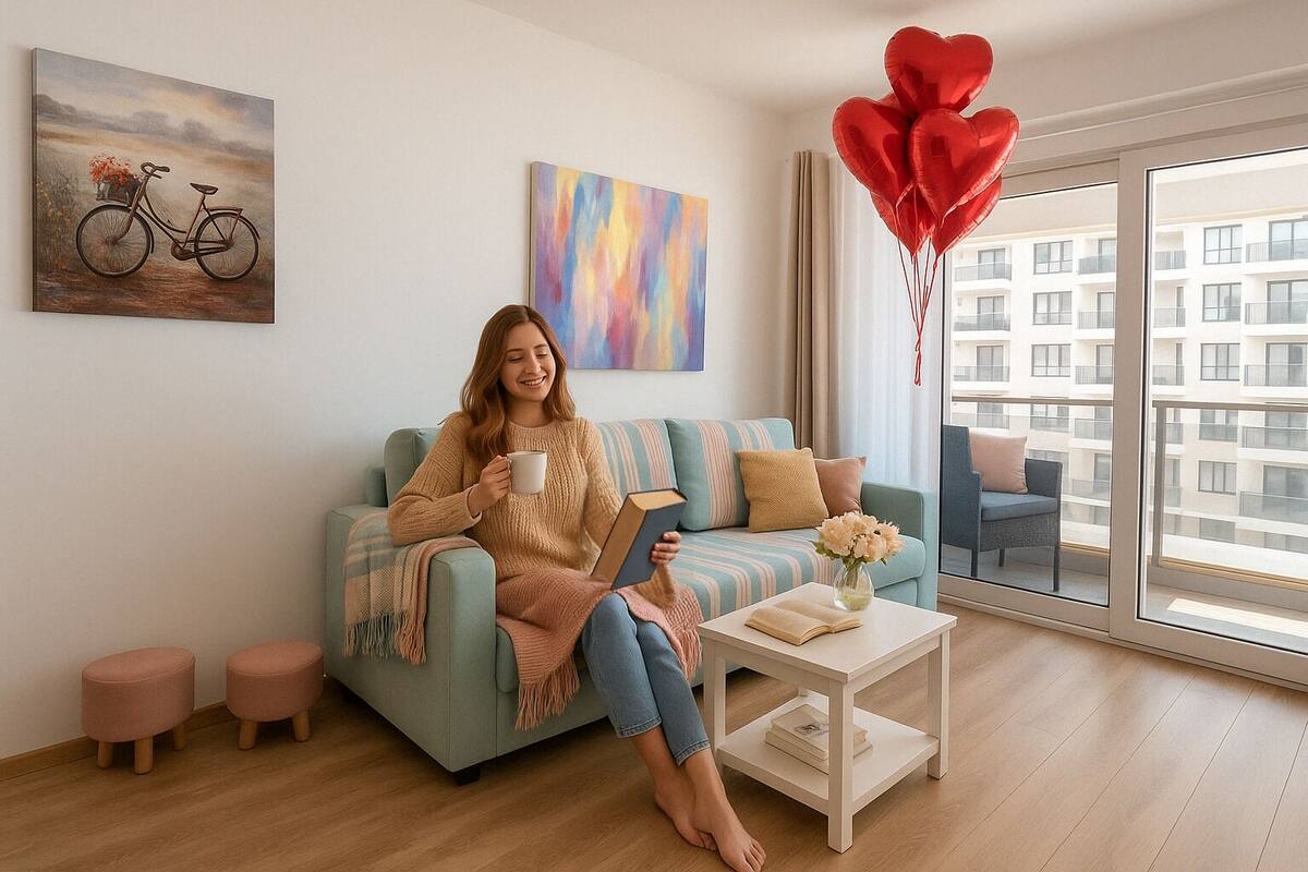 A person sitting on a sofa with a book, a coffee cup, and a vase with flowers on a side table.