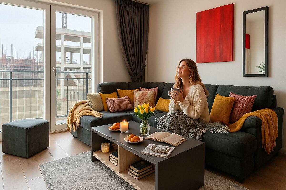 A modern living room with a sofa, a coffee table with books and flowers, and a view of buildings through large windows.