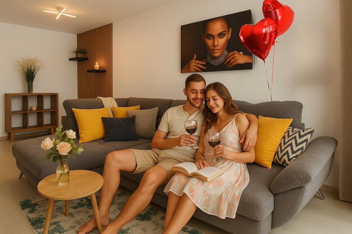 A couple sitting on a grey sofa with yellow and black cushions, holding wine glasses. There is a small round table with a vase of flowers in front of them.