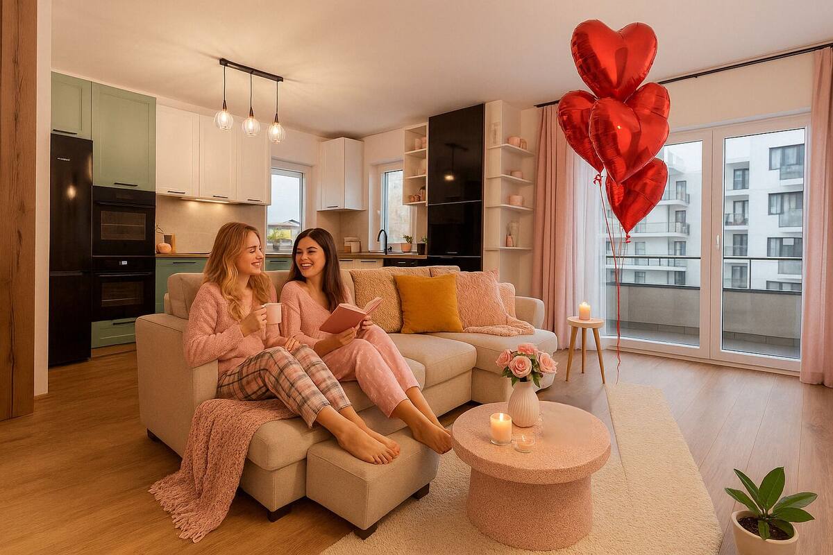 A modern living room with a sofa, a coffee table, and a view of the kitchen and balconies.