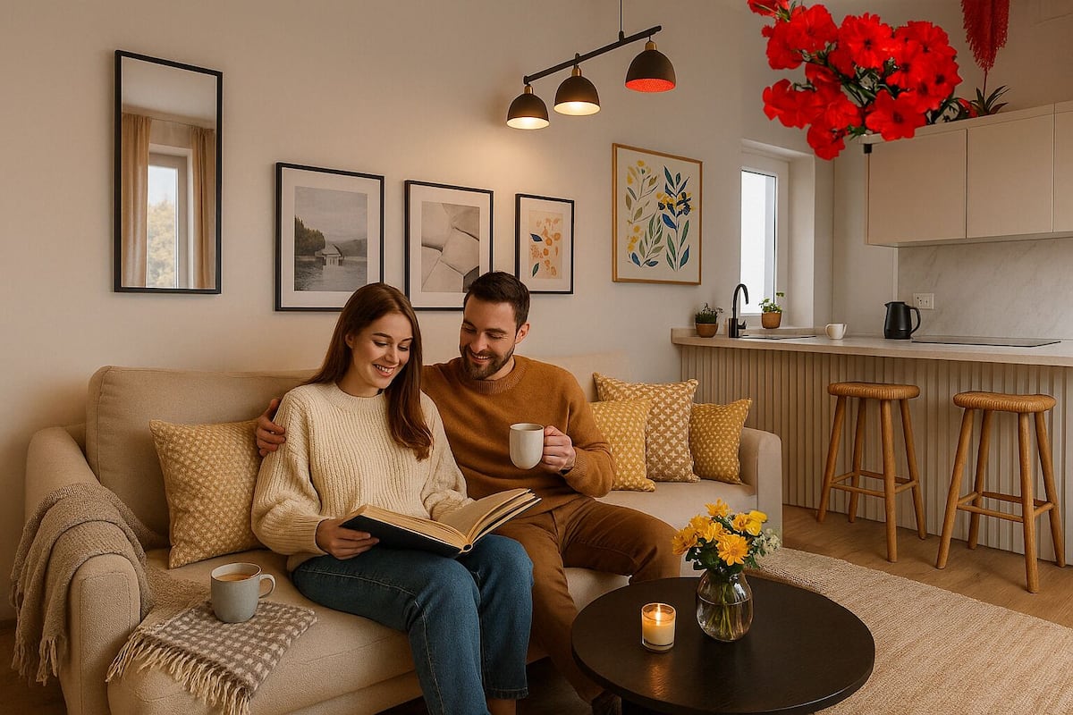 A cozy living room with a sofa, a coffee table, and a kitchen area in the background.