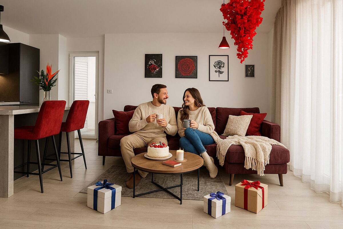 A couple sitting on a red sofa in a modern living room with a cake, gifts, and a TV on a stand.
