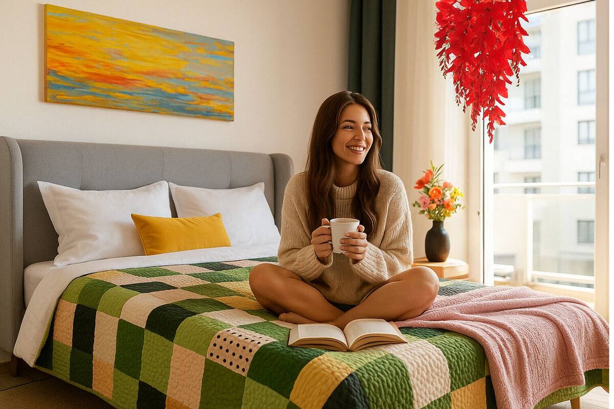 A person sitting on a bed with a quilt, holding a book and a cup.