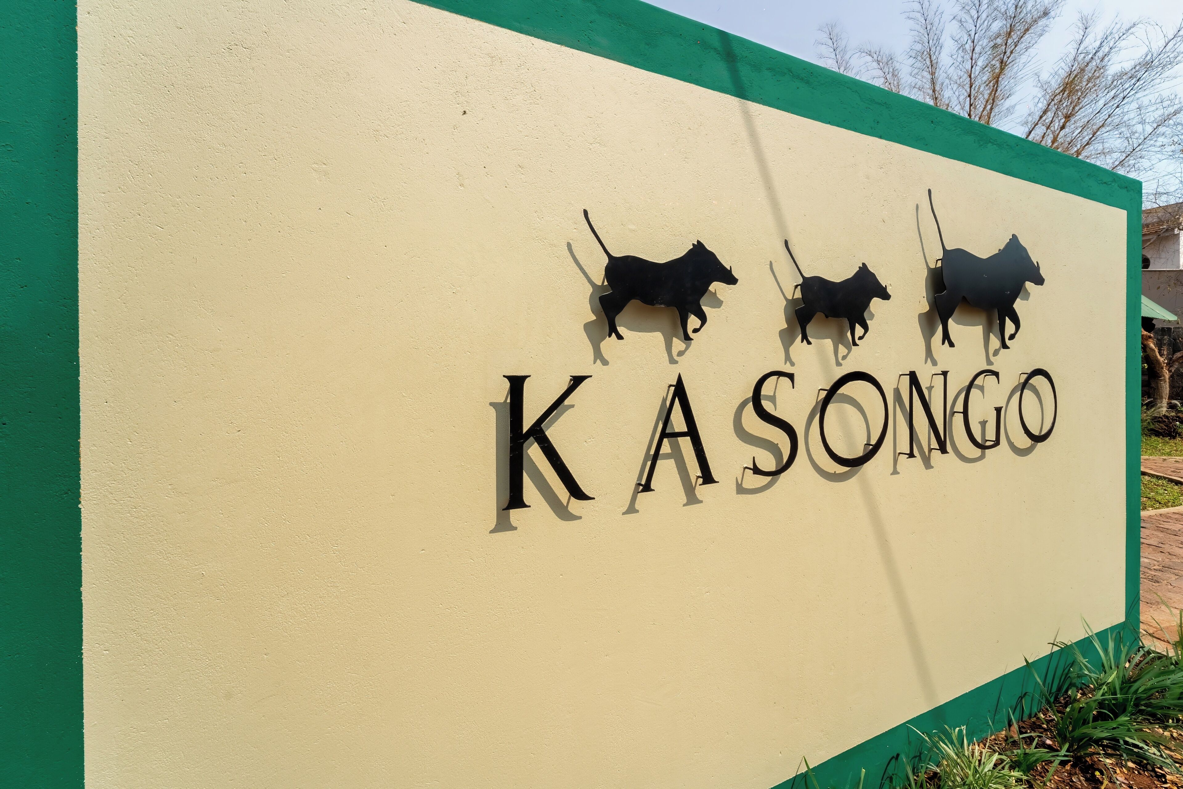 Un letrero con el nombre 'KASONGO' y siluetas de tres perros.