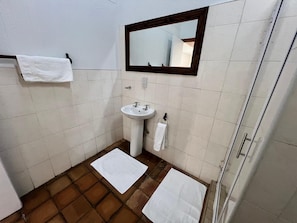 Deluxe kamer, 1 twee- of 2 eenpersoonsbedden | Badkamer | Een douche, gratis toiletartikelen, handdoeken, zeep