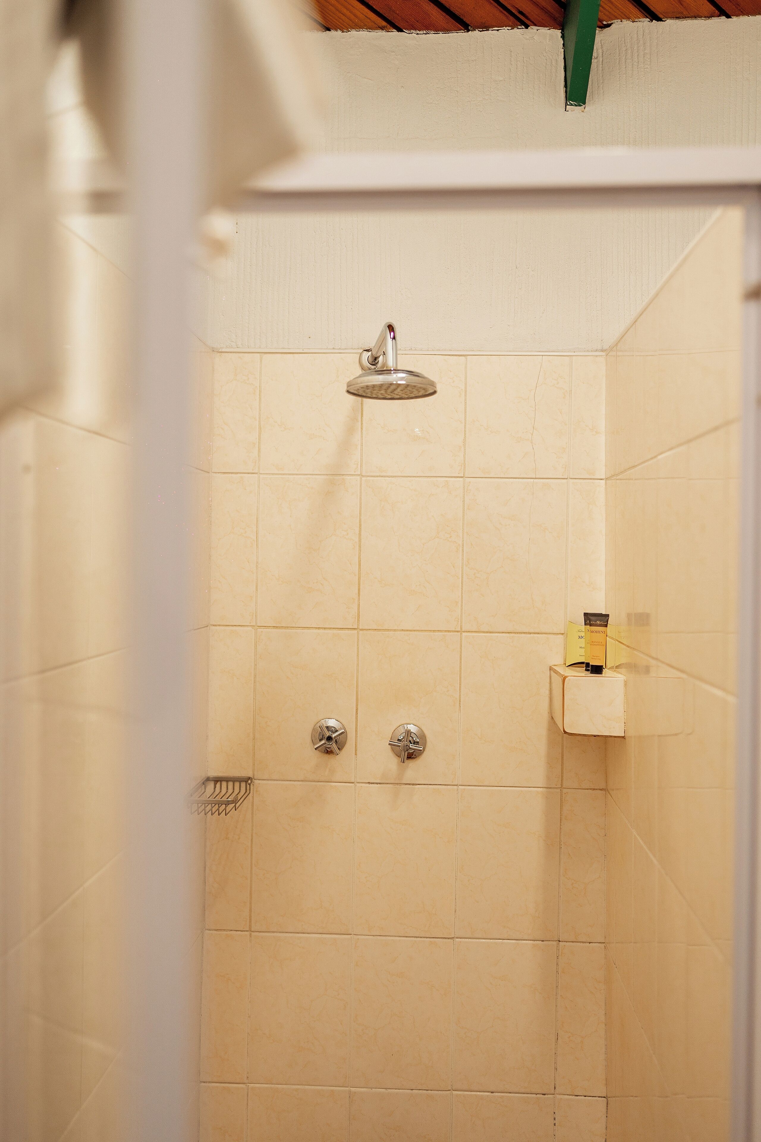 A shower with a handheld showerhead, a towel rack, and a soap dispenser.