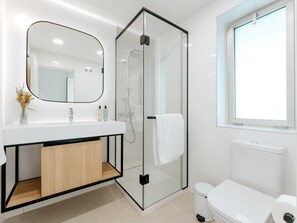 Douche, séchoir à cheveux, serviettes fournies