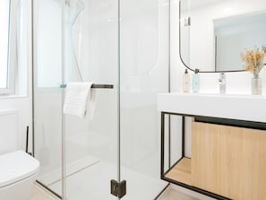 Douche, séchoir à cheveux, serviettes fournies