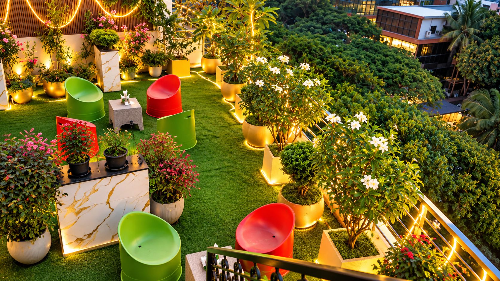 An outdoor seating area with potted plants and chairs.