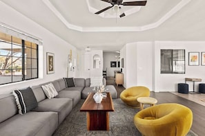 TV, fireplace, offices - Mojave Moon • Group Retreat, Pool, Spa, Pickleball (Yucca Valley)