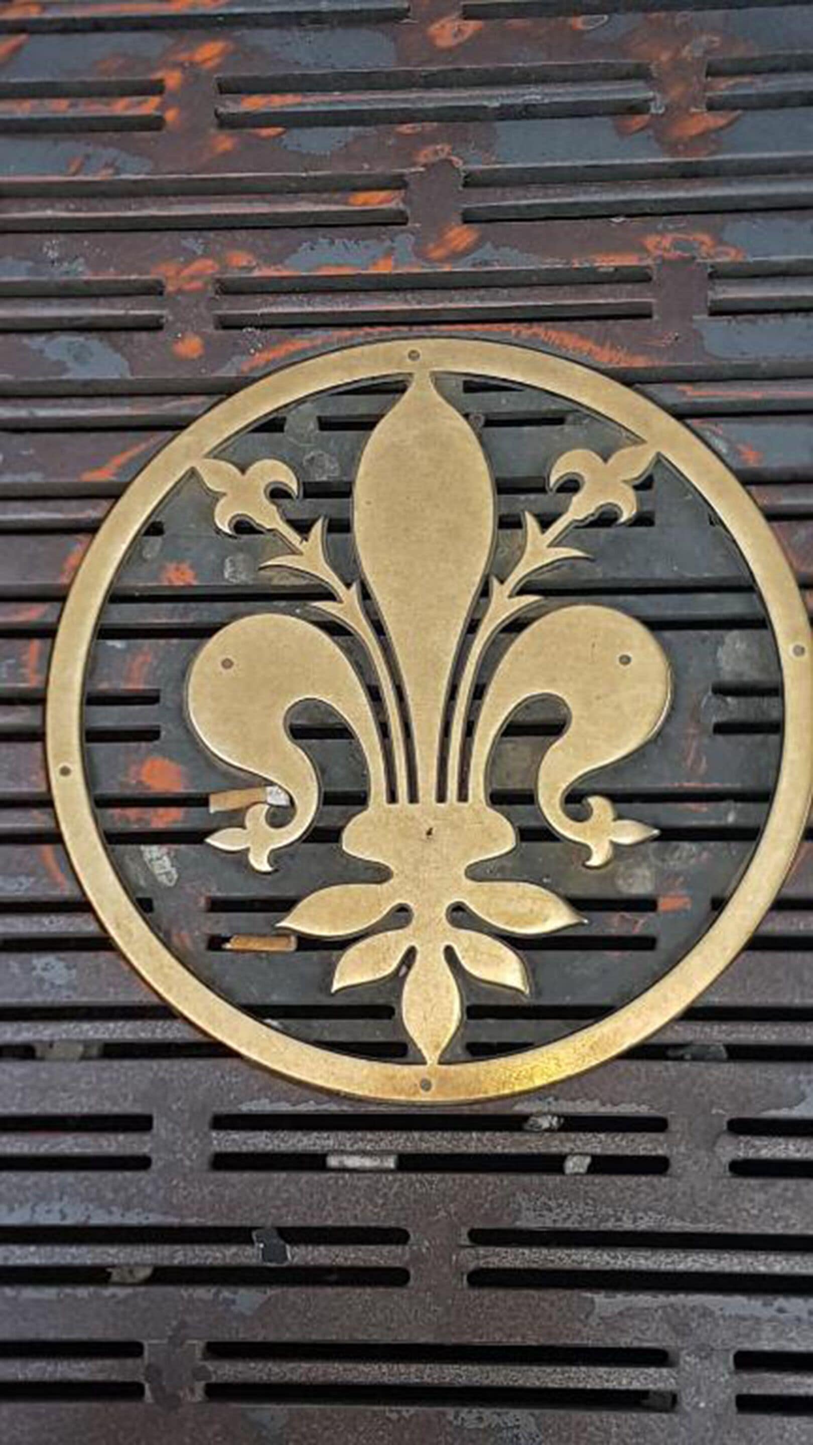 A decorative emblem with a fleur-de-lis design, set against a textured background with horizontal lines.