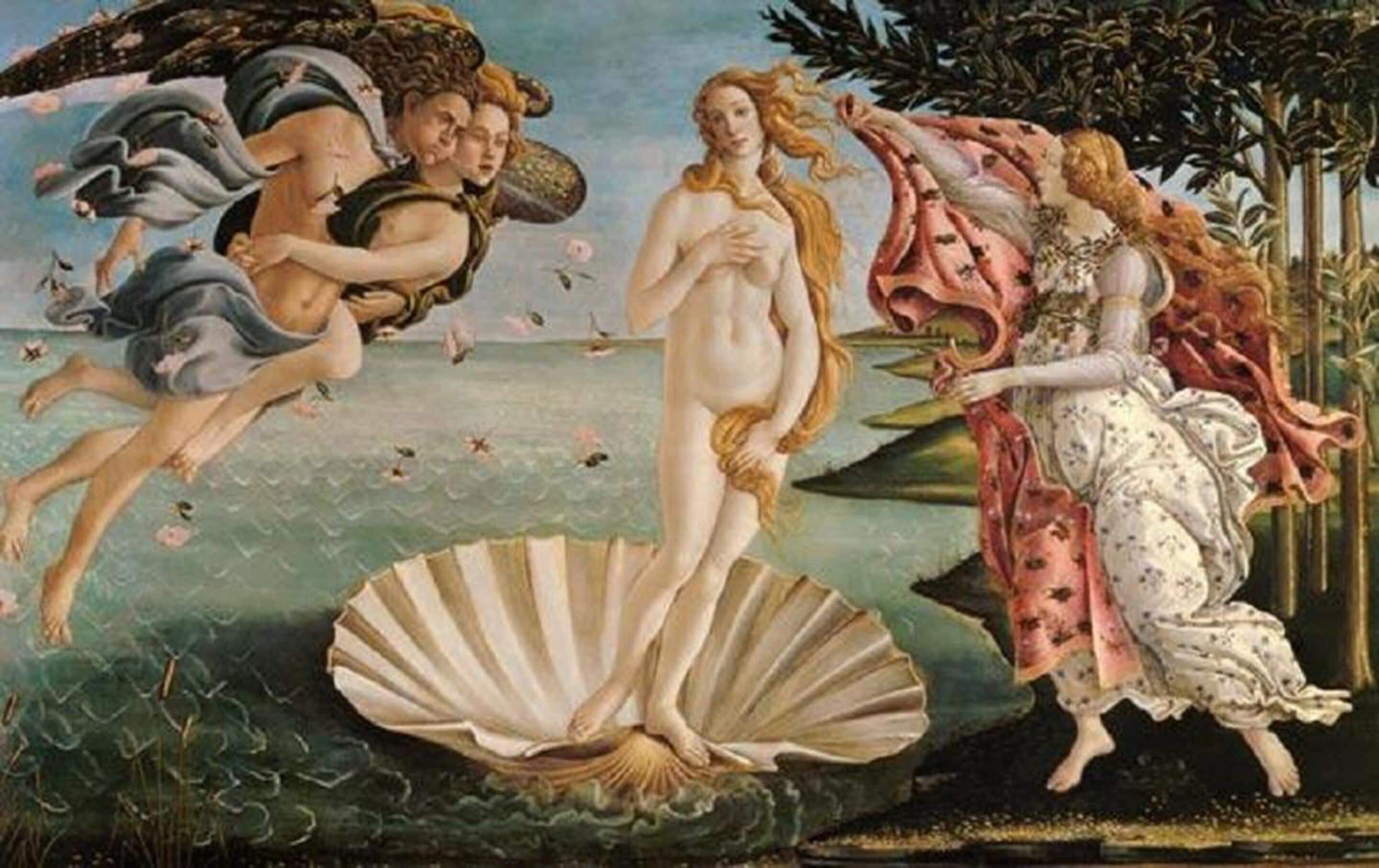 Een klassiek schilderij met figuren in zwierige gewaden, een grote schelp en een landschap met bomen.