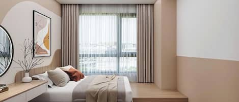 Departamento panorámico, 1 habitación, balcón, vista a la ciudad | Ropa de cama hipoalergénica, minibar y decoración personalizada