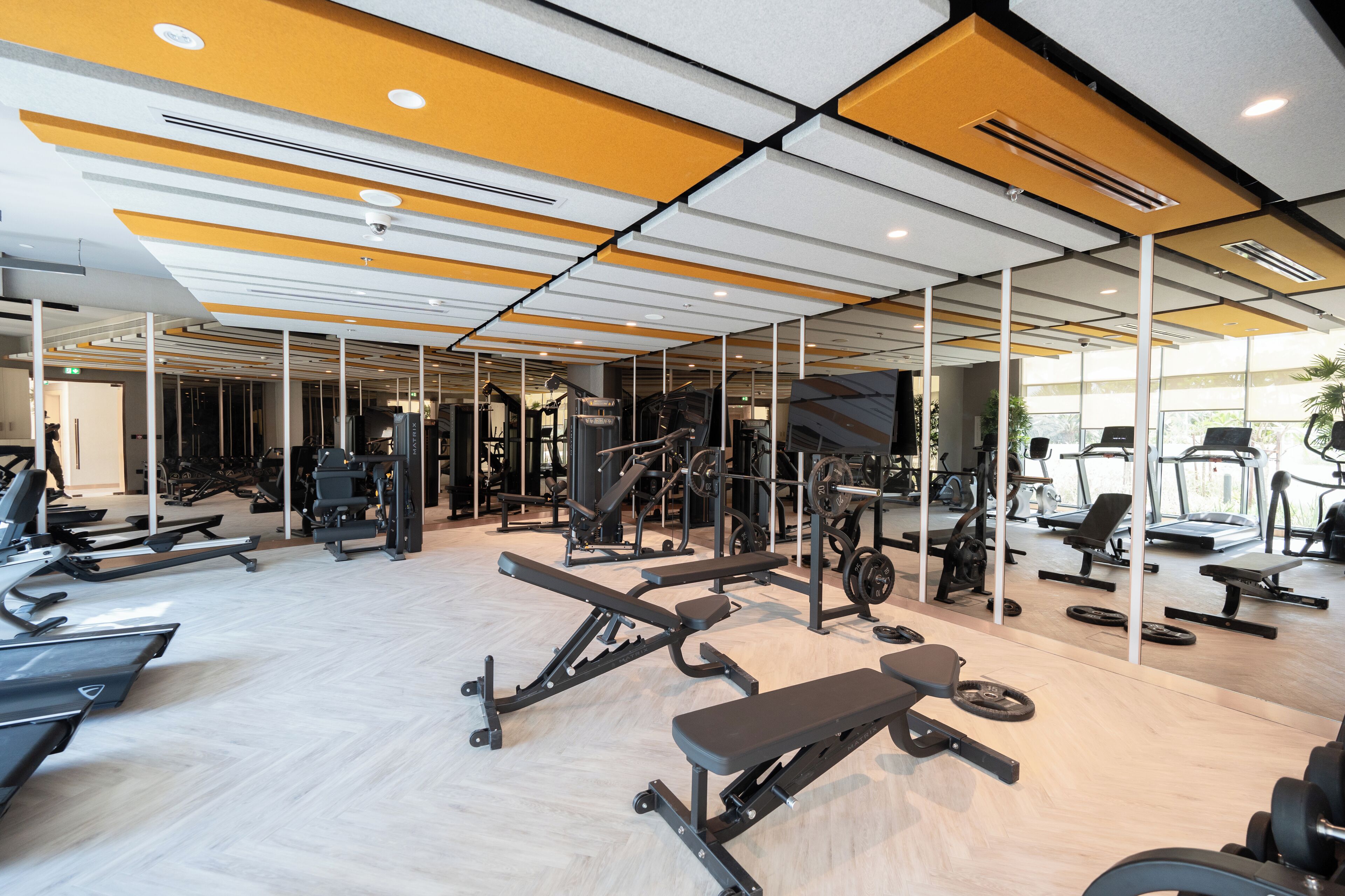Un gimnasio con diversos equipos de ejercicio, incluyendo cintas de correr, máquinas de pesas y pesas libres.