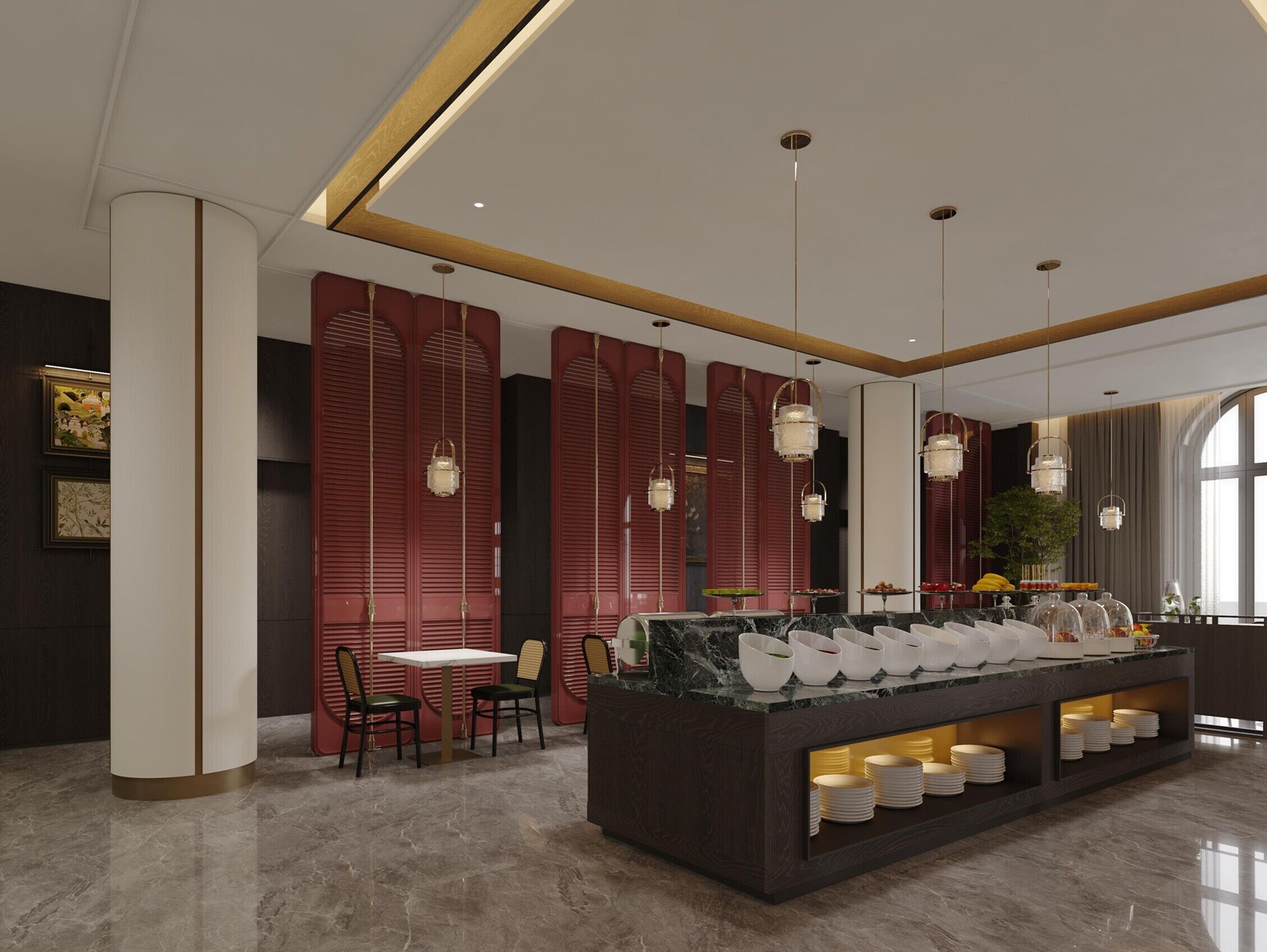 Un hall d’hôtel moderne avec un comptoir d’accueil en marbre, des paravents rouges de style shoji et des suspensions lumineuses.