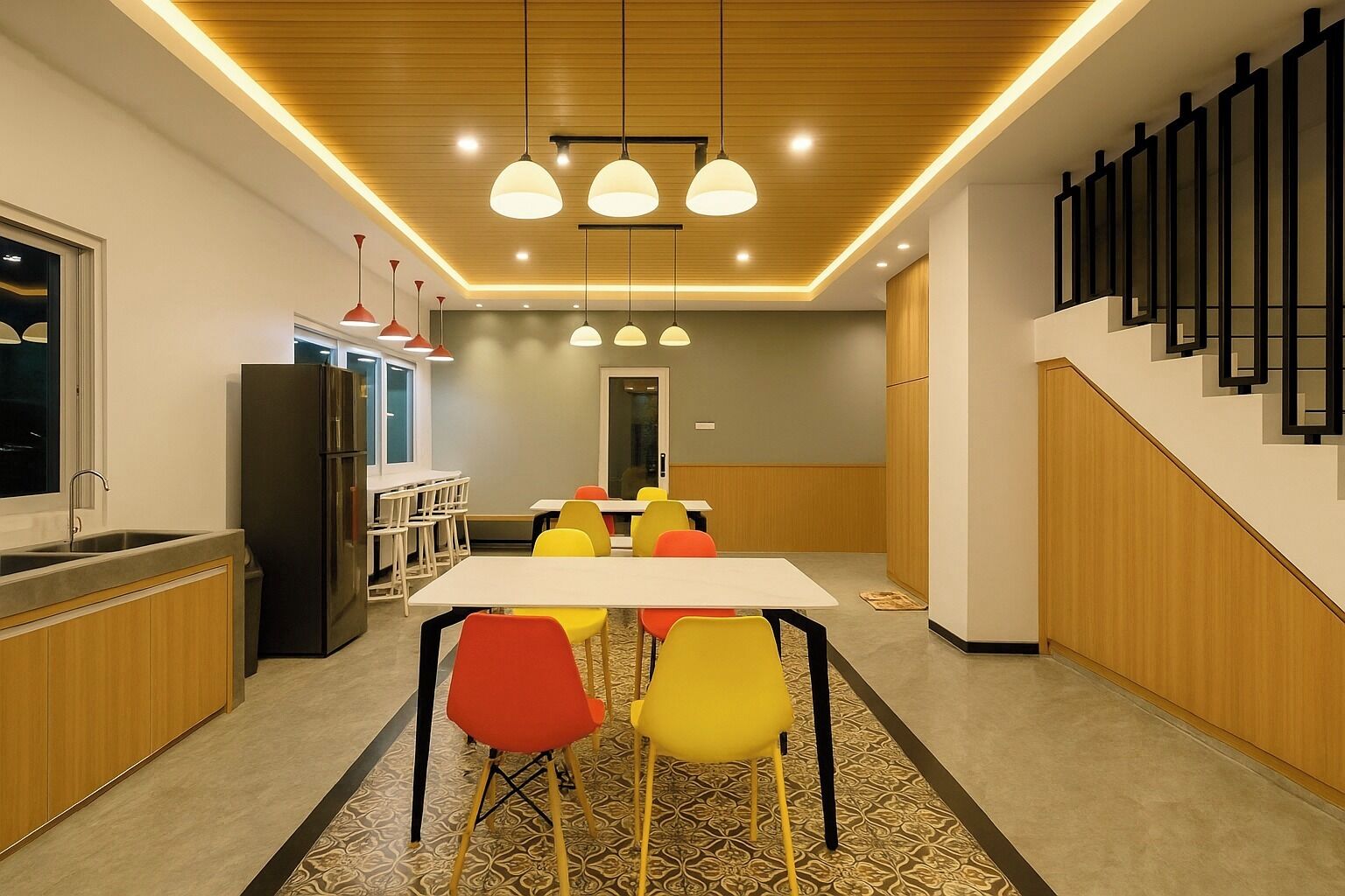 A modern kitchen with a dining area featuring colorful chairs, pendant lights, and a staircase with a unique design.