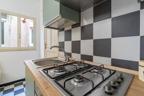 Fridge, oven, stovetop, coffee/tea maker