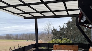 A wooden picnic table and benches under a covered area with a metal roof, overlooking a field and trees. - Idyllic House in the Harz Mountains (Harzgerode)