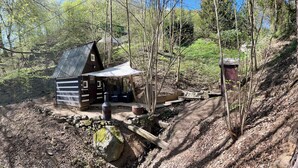 A rustic cabin with a sloped roof, surrounded by a forested area. - Tiny house in Posázaví region (Kaliště-Ondřejov)