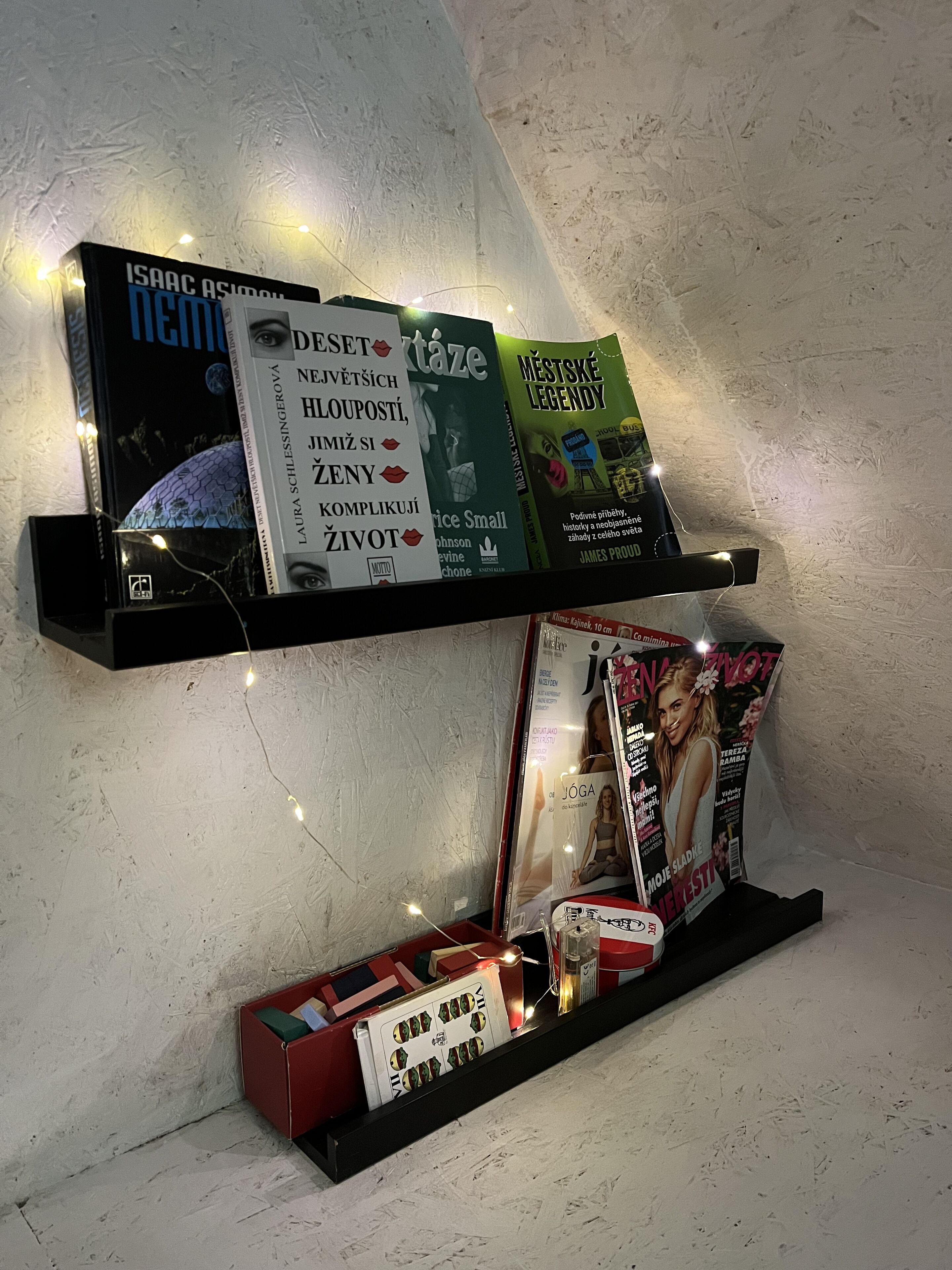 Un mur avec des étagères où sont rangés des livres et des magazines.