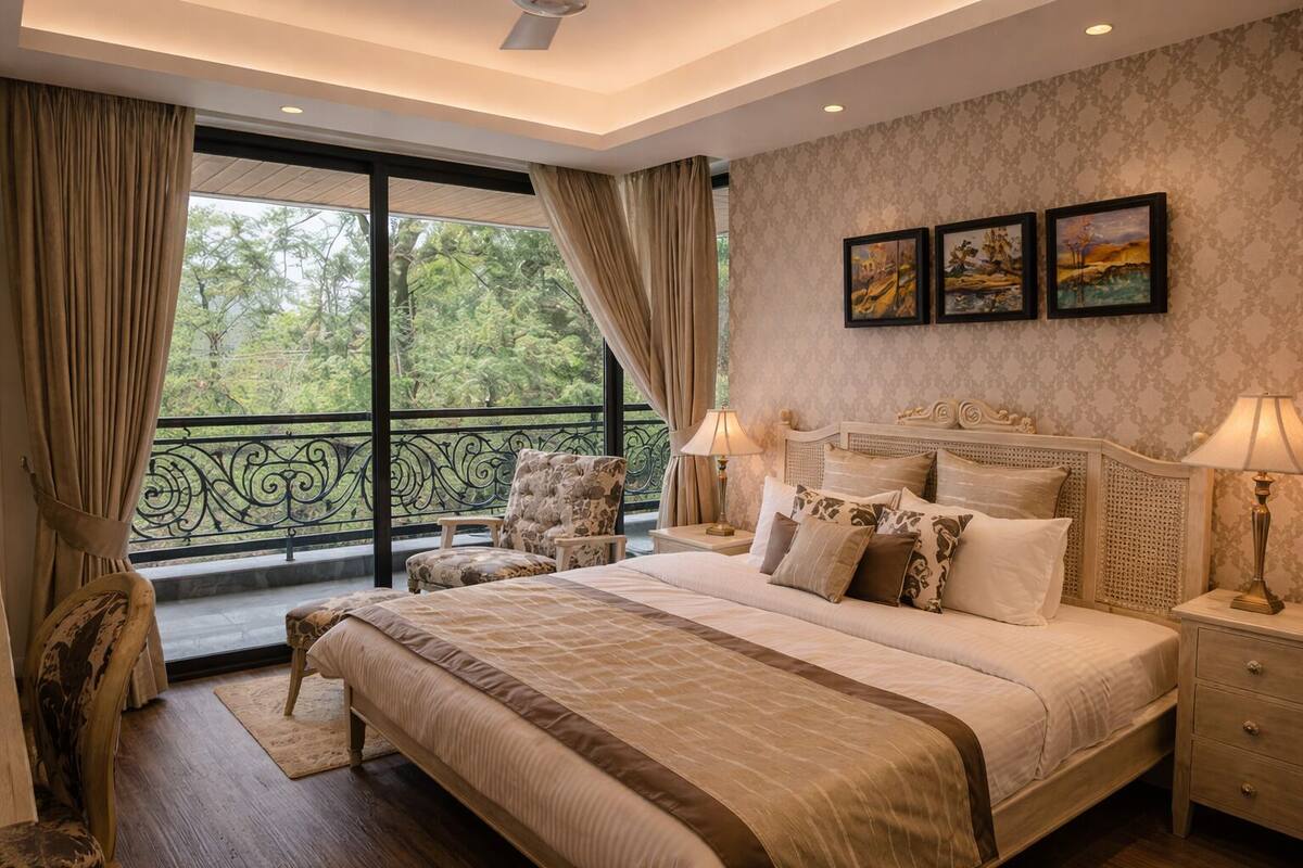 A spacious bedroom with a large bed, a nightstand, a chair, and a view of the outdoors through a balcony.
