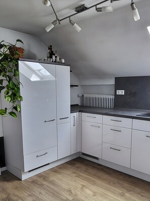 Fridge, microwave, stovetop, coffee/tea maker