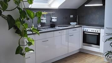 Fridge, microwave, stovetop, coffee/tea maker