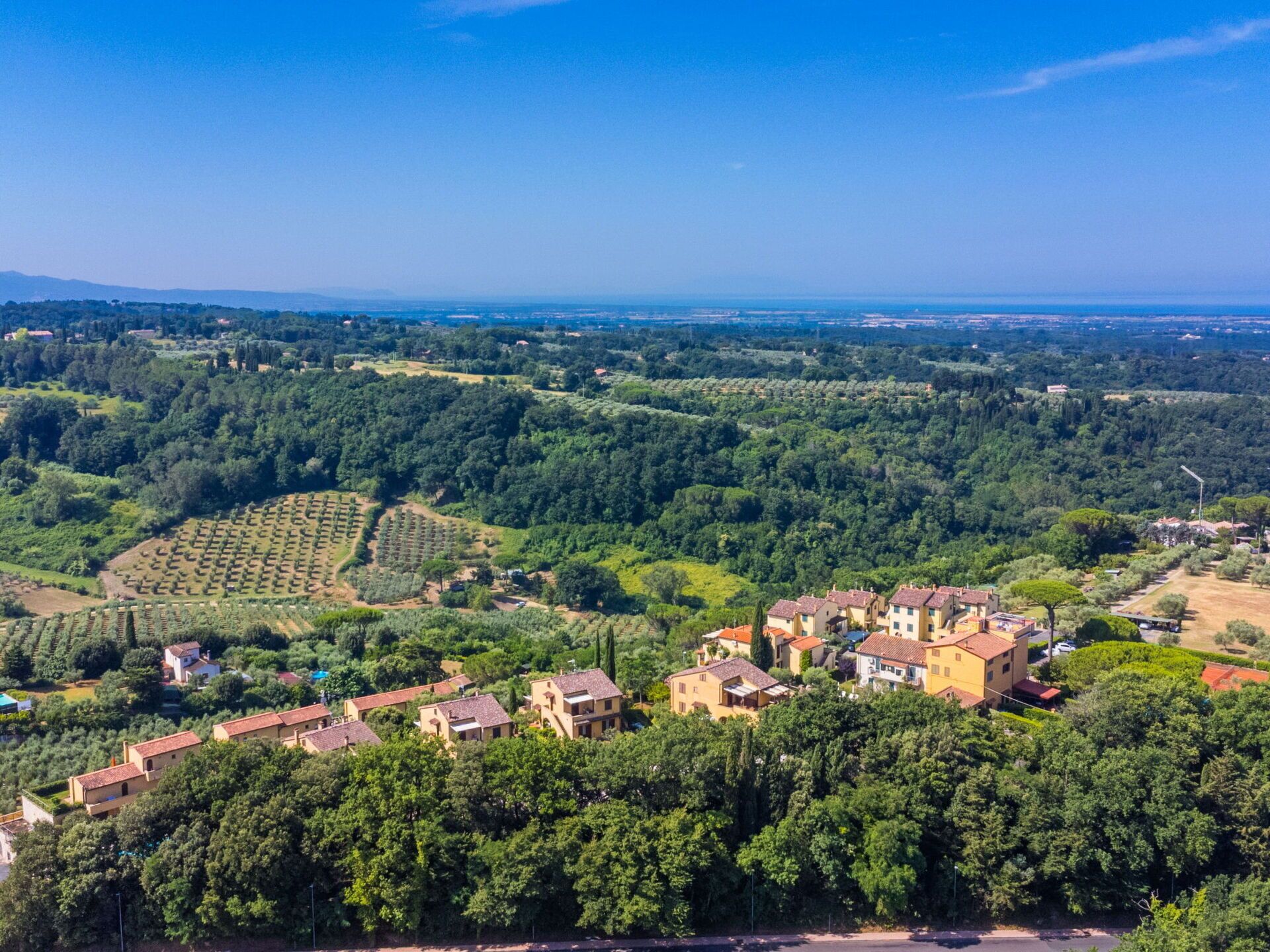 A rural village with terraced vineyards, traditional houses, and a clear blue sky.