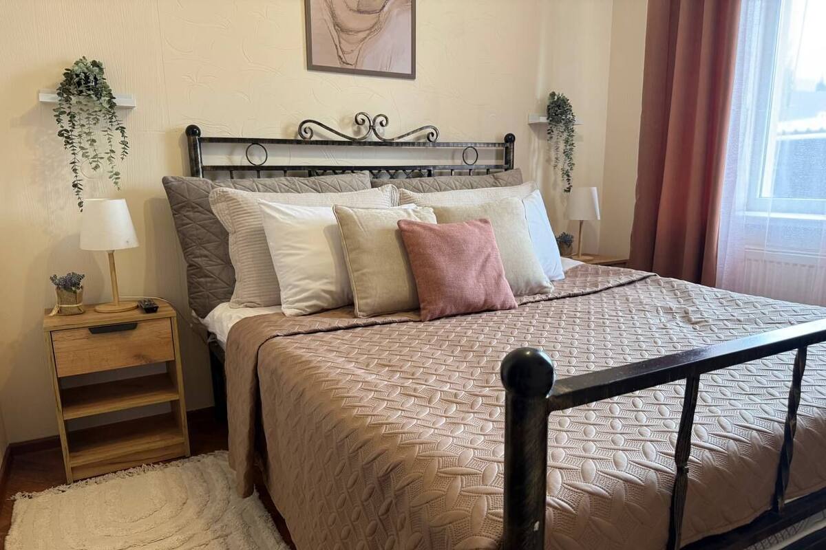 A bed with a headboard, a bedside table with a lamp, and a hanging plant.