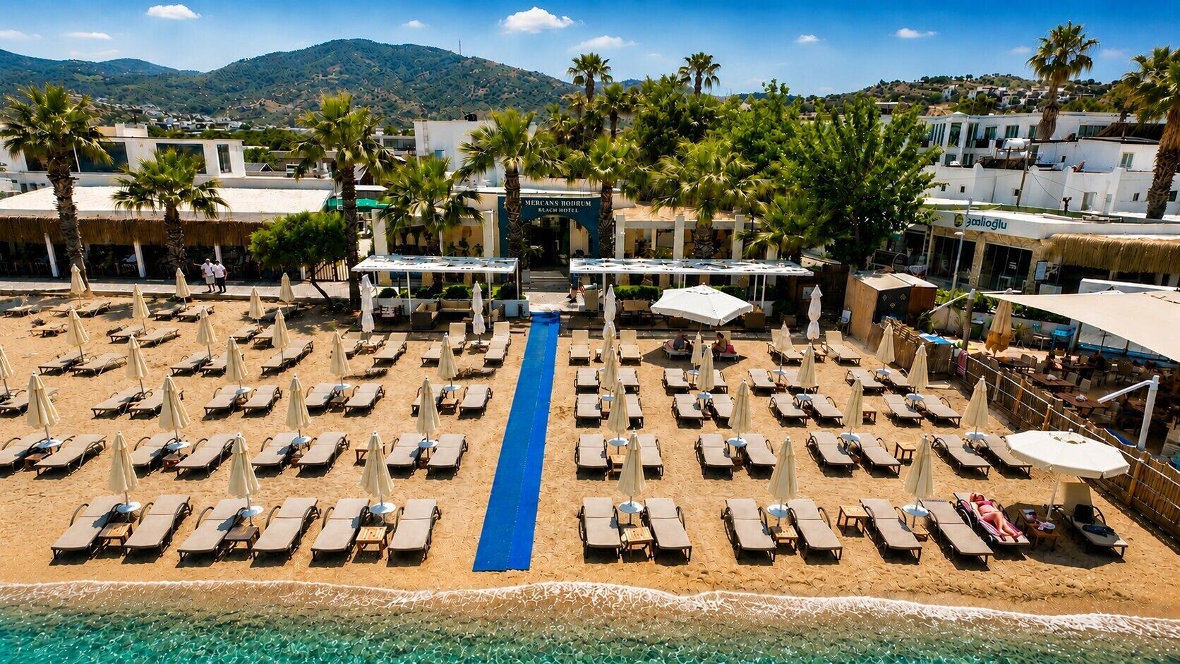 A beachside hotel with a long blue walkway, sun loungers, and palm trees.