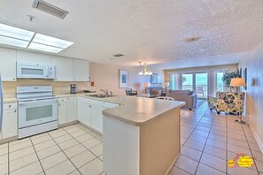 Fridge, microwave, coffee/tea maker, toaster