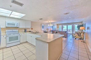 Fridge, microwave, coffee/tea maker, toaster