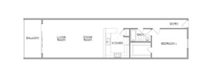 Planta baixa de um alojamento de férias com 1 quarto, 1 casa de banho, varanda, sala de estar, sala de jantar, cozinha e entrada.