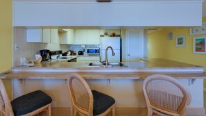 Fridge, microwave, coffee/tea maker, toaster