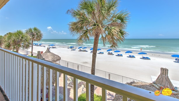 A beach view from a balcony with a palm tree, beach umbrellas, and lounge chairs.