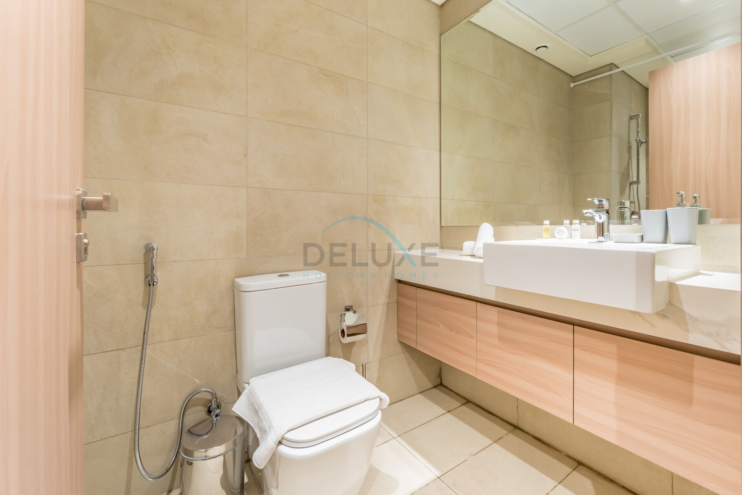 Shower, hair dryer, bidet, towels