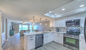 Fridge, microwave, coffee/tea maker, toaster