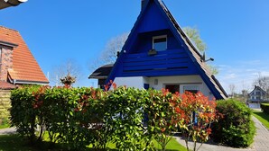Een blauw huis met een schuin dak, omgeven door groene struiken en een helderblauwe lucht.