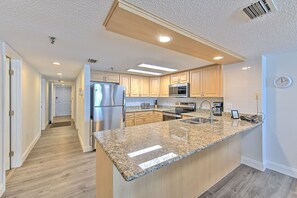 Fridge, microwave, coffee/tea maker, toaster