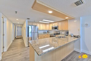 Fridge, microwave, coffee/tea maker, toaster