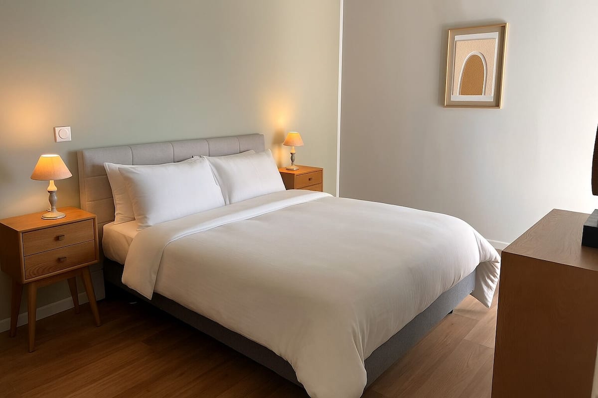 A neatly made bed with white linens, two bedside tables with lamps, and a framed picture on the wall.
