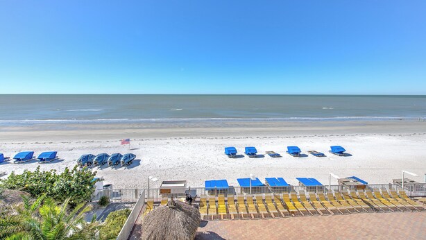 A beach with rows of blue and yellow sun loungers, a clear sky, and a calm sea.