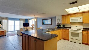 Fridge, microwave, dishwasher, coffee/tea maker