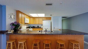 Fridge, microwave, coffee/tea maker, toaster