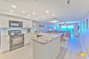Fridge, microwave, coffee/tea maker, toaster