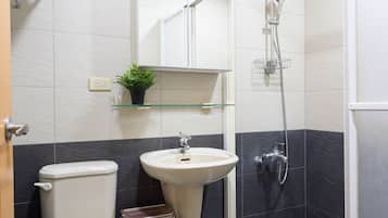 Hair dryer, towels, soap, shampoo