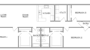 A floor plan of a hotel with a balcony, three bedrooms, a living room, a dining room, a kitchen, a utility room, and two bathrooms.