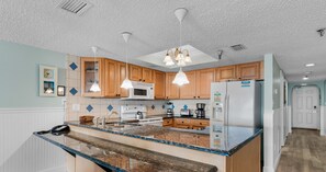 Fridge, microwave, coffee/tea maker, toaster