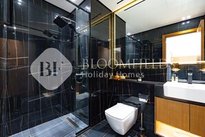 Shower, hair dryer, towels