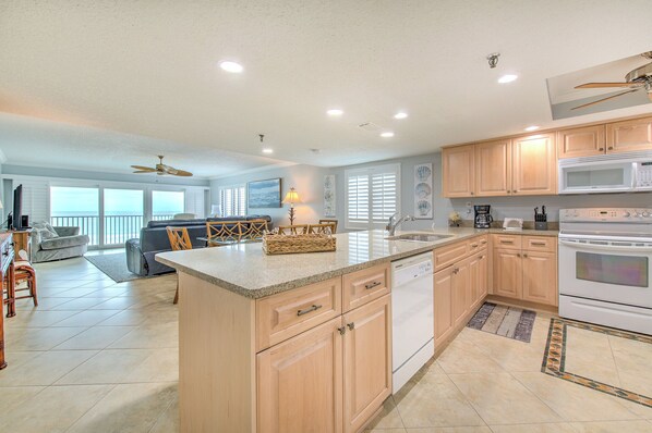 Fridge, microwave, dishwasher, coffee/tea maker